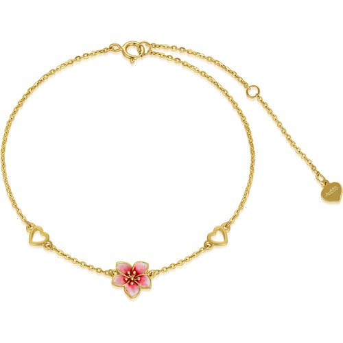 14K Gold Cherry Blossom & Heart Charm Bracelet