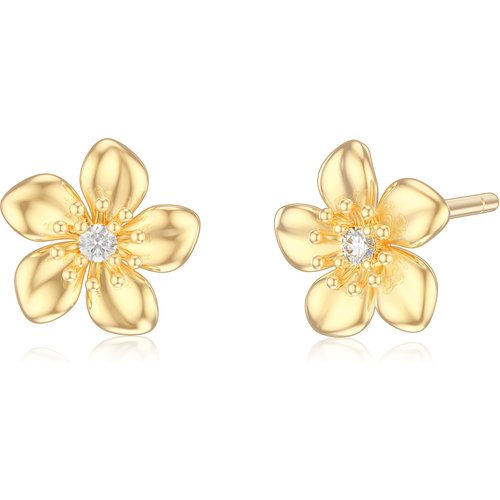 14K Gold Cubic Zirconia Cherry Blossom Stud Earrings