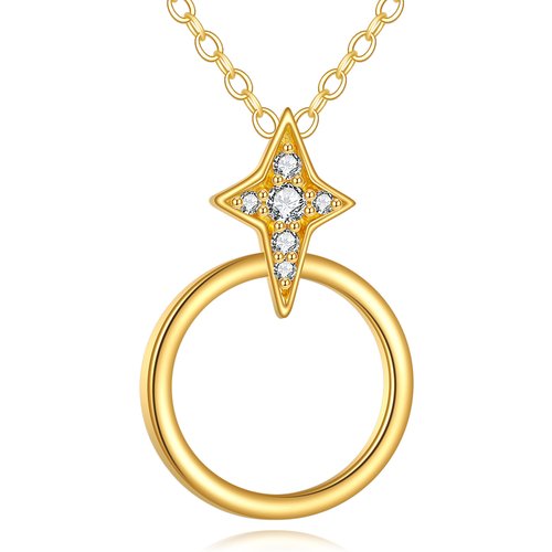 14K Gold Cubic Zirconia Circle & Star Pendant Necklace