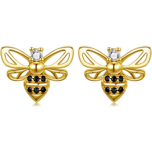14K Gold Circular Cubic Zirconia Bee Stud Earrings