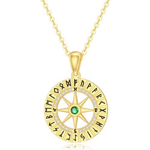 14K Gold Circular Cubic Zirconia Compass Pendant Necklace