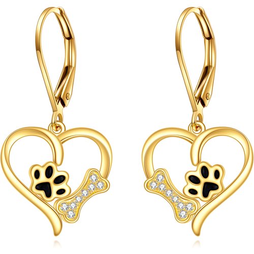 14K Yellow Gold Circular Cubic Zirconia Paw With Bone Heart Lever-Back Earrings For Women