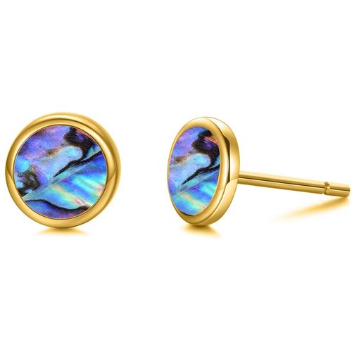 14K Gold Circular Shaped Abalone Shellfish Round Stud Earrings