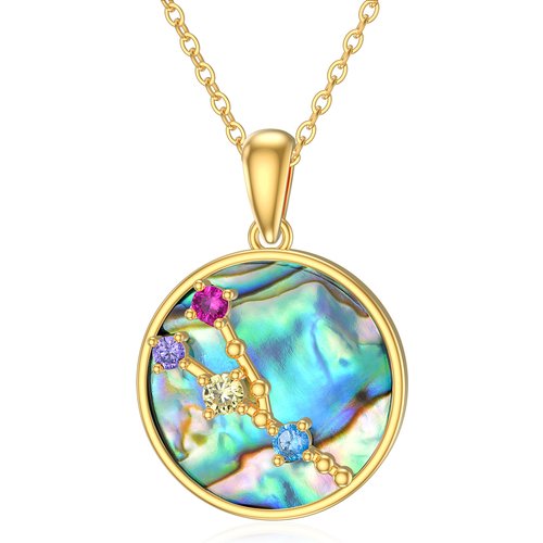 14K Gold Circular Shaped Abalone Shellfish Taurus Circle Pendant Necklace
