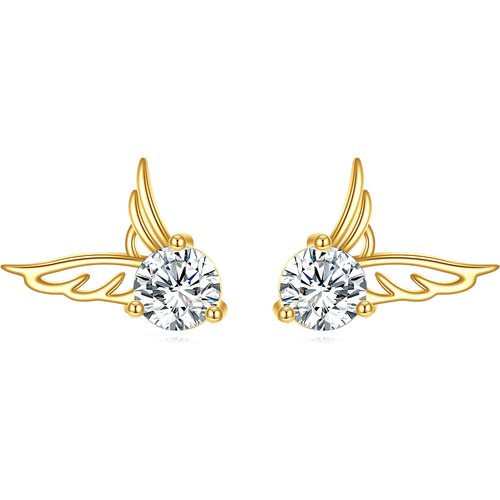 14K Gold Circular Shaped Cubic Zirconia Angel Wing Stud Earrings