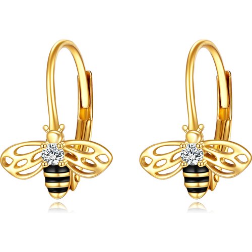 14K Gold Circular Shaped Cubic Zirconia Bee Lever-back Earrings