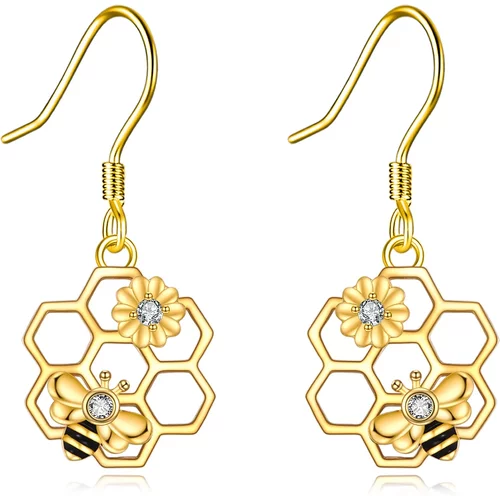14K Gold Circular Shaped Cubic Zirconia Bee & Sunflower Drop Earrings