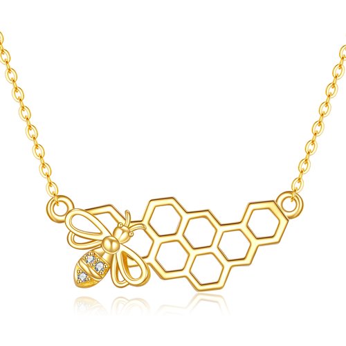 14K Gold Circular Shaped Cubic Zirconia Bees Pendant Necklace