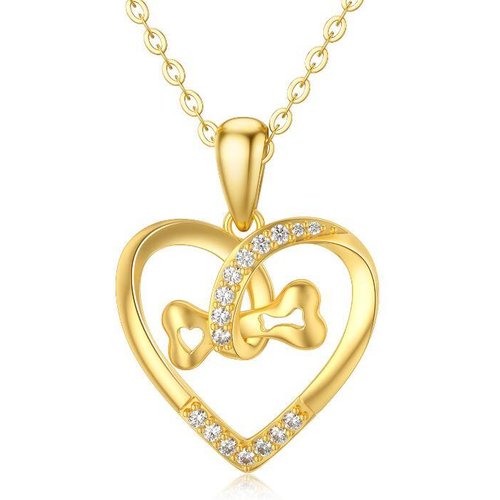 14K Gold Circular Cubic Zirconia Bone Heart With Heart Pendant Necklace For Women