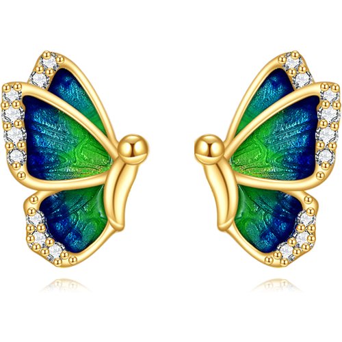 14K Gold Circular Shaped Cubic Zirconia Butterfly Stud Earrings