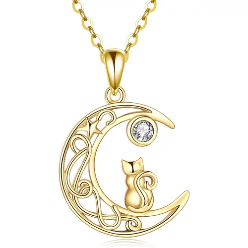 14K Gold Circular Shaped Cubic Zirconia Cat & Moon Pendant Necklace