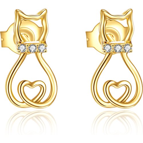 14K Gold Circular Shaped Cubic Zirconia Cat Stud Earrings