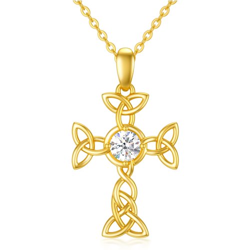 14K Gold Circular Shaped Cubic Zirconia Celtic Knot & Cross Pendant Necklace