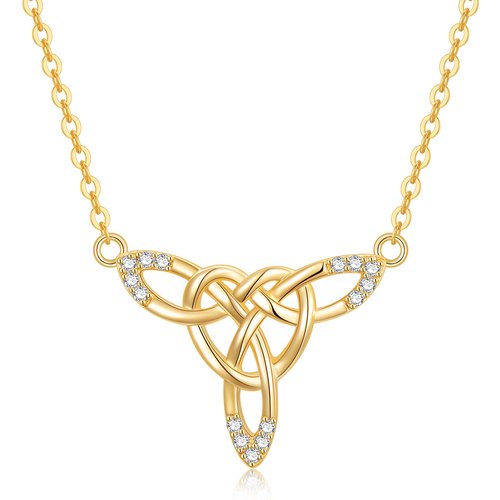 14K Gold Circular Shaped Cubic Zirconia Celtic Knot Pendant Necklace