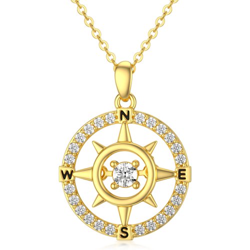 14K Gold Circular Cubic Zirconia Compass Pendant Necklace With Letter For Women