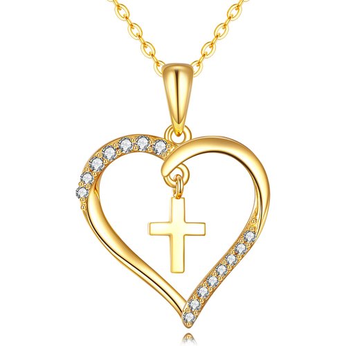 14K Gold Circular Shaped Cubic Zirconia Cross & Heart Pendant Necklace