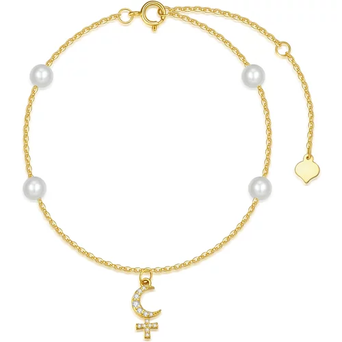 14K Gold Circular Shaped Cubic Zirconia Cross & Moon Charm Bracelet