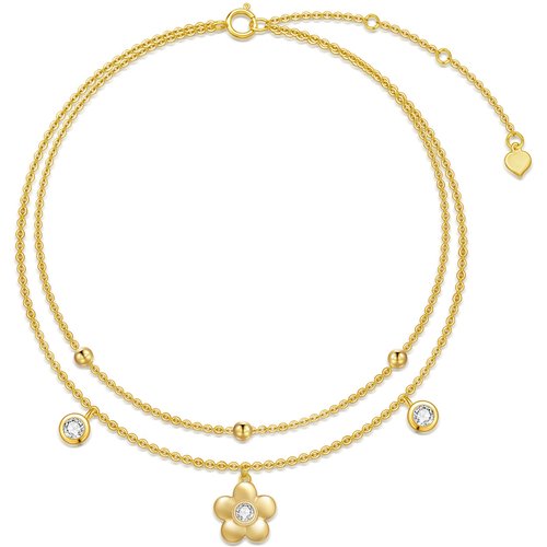 14K Gold Circular Shaped Cubic Zirconia Daisy Multi-layered Anklet