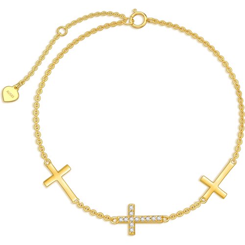 14K Gold Circular Shaped Diamond Cross Single Layer Anklet