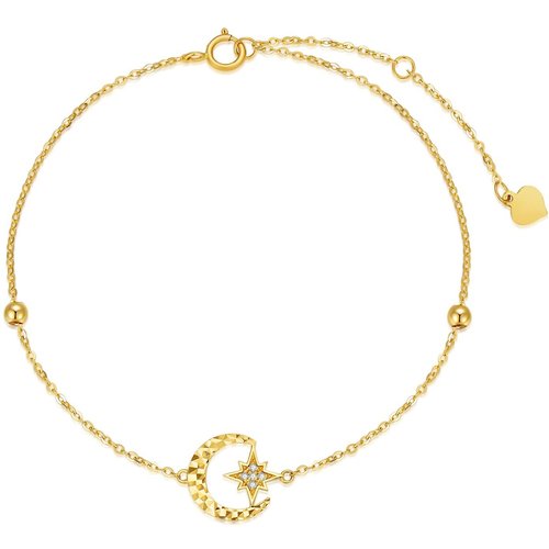 14K Gold Circular Shaped Diamond Moon & Star Single Layer Anklet