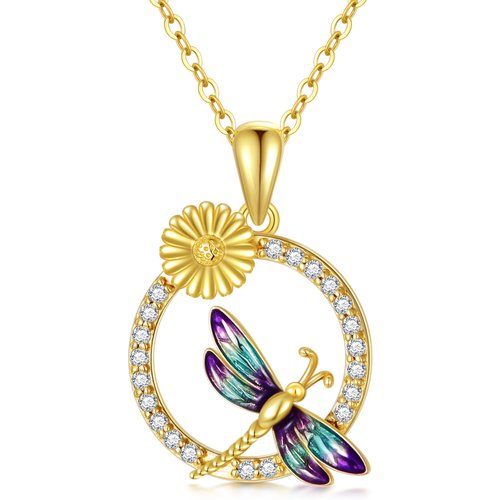 14K Gold Circular Shaped Cubic Zirconia Dragonfly & Daisy Pendant Necklace