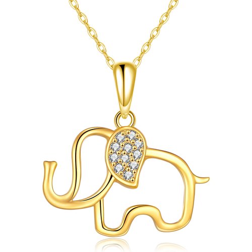 14K Gold Circular Shaped Cubic Zirconia Elephant Pendant Necklace