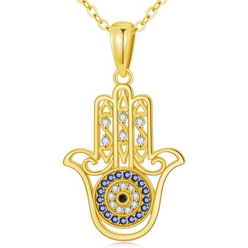 14K Gold Circular Shaped Cubic Zirconia Evil Eye & Hamsa Hand Pendant Necklace
