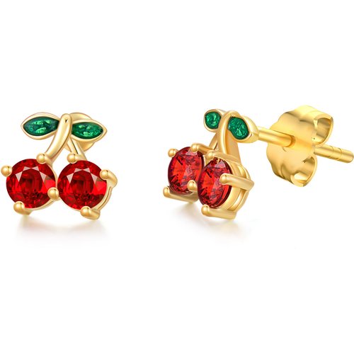 Sterling Silver with Yellow Gold Plated Round Cut Garnet Cherry Stud Earrings