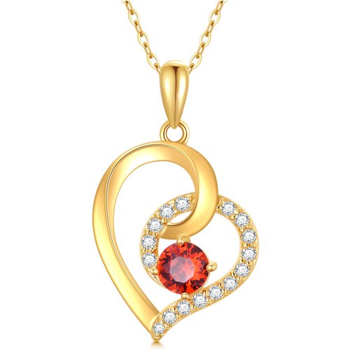 14K Gold Circular Shaped Cubic Zirconia & Garnet Heart Pendant Necklace