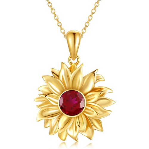 14K Gold Circular Shaped Garnet Sunflower Pendant Necklace