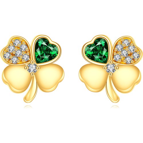 14K Gold Heart Cubic Zirconia Four Leaf Clover Stud Earrings For Women