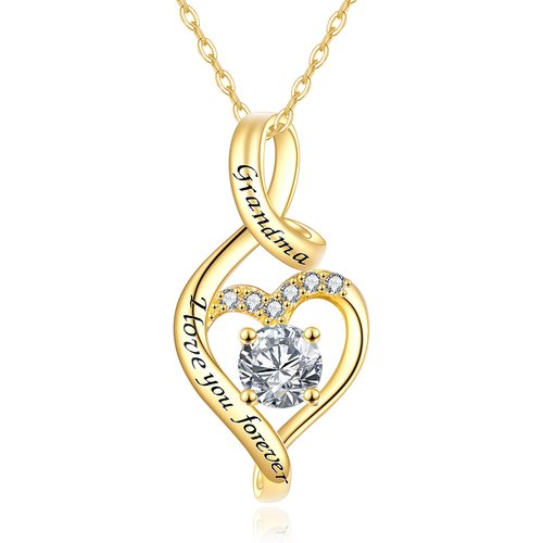 14K Gold Circular Shaped Cubic Zirconia Heart & Infinity Symbol Pendant Necklace with Engraved Word