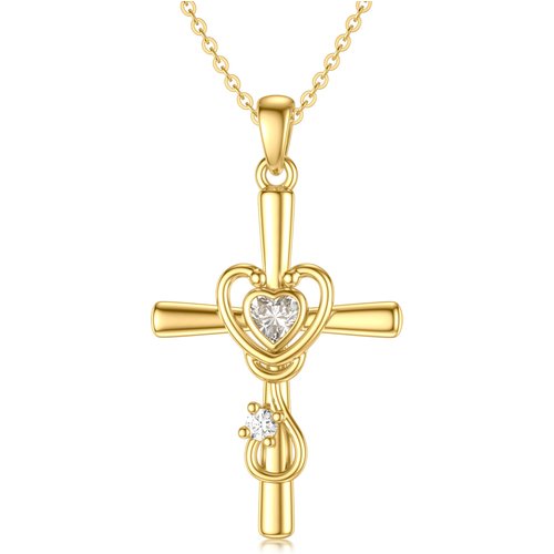 14K Gold Heart Cubic Zirconia Moissanite Cross Stethoscope Pendant Necklace For Vnisex