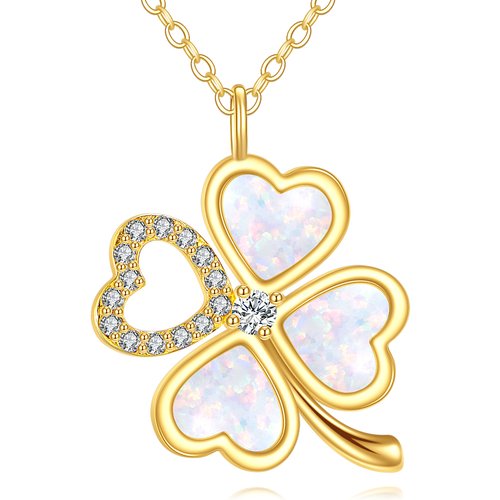 14K Yellow Gold Heart Opal Four Leaf Clover Pendant Necklace For Women