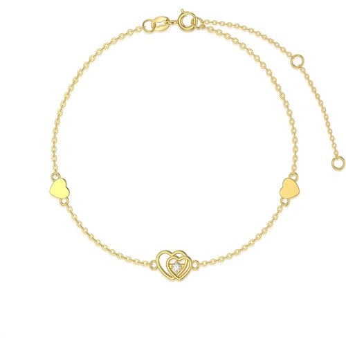 14K Gold Circular Shaped Cubic Zirconia Heart Charm Bracelet