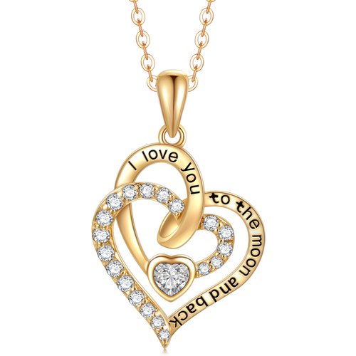 14K Gold Cubic Zirconia Heart With Heart Pendant Necklace With Engraved Word