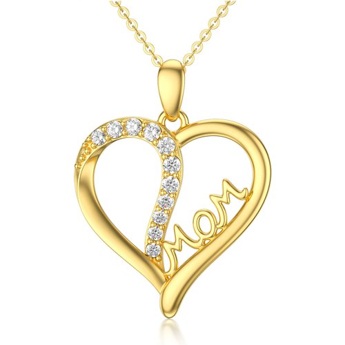 14K Gold Circular Shaped Cubic Zirconia Heart Pendant Necklace with Engraved Word