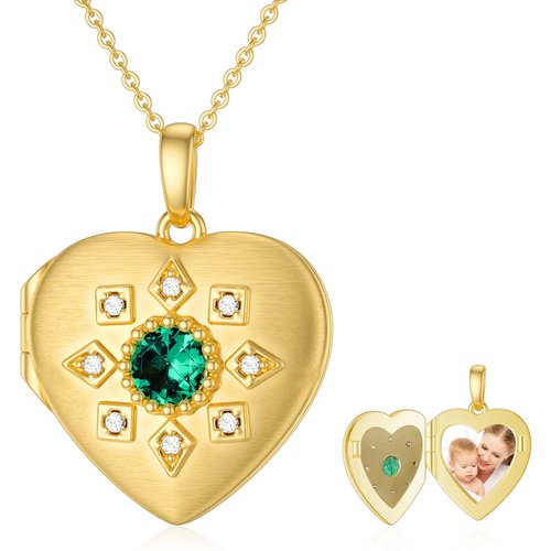 9K Gold Circular Shaped Cubic Zirconia Heart Personalized Photo Locket Necklace