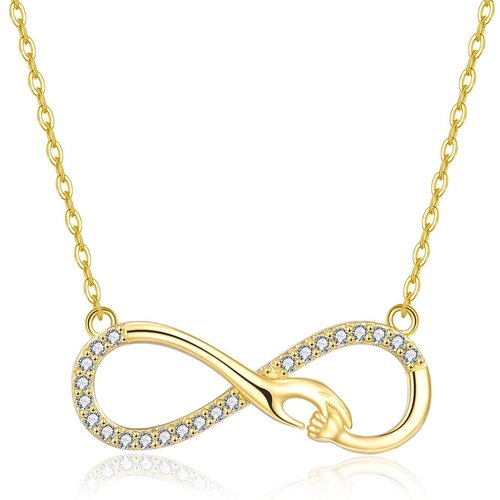 14K Gold Circular Shaped Cubic Zirconia Hold Hands & Infinity Symbol Pendant Necklace