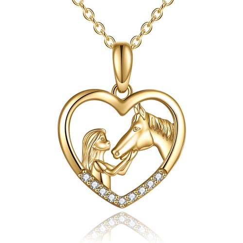 14K Gold Circular Shaped Cubic Zirconia Horse & Heart Pendant Necklace
