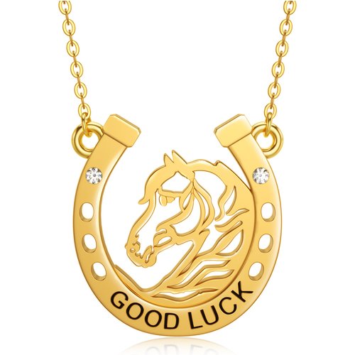 14K Gold Circular Shaped Cubic Zirconia Horse & Horseshoe Pendant Necklace with Engraved Word