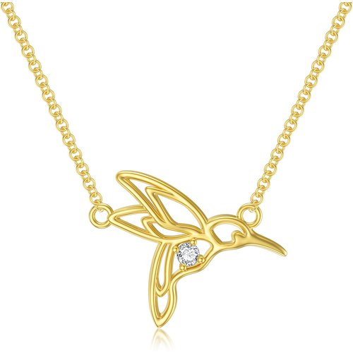 14K Gold Circular Shaped Cubic Zirconia Hummingbird Pendant Necklace