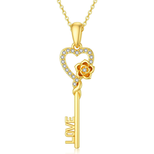 14K Gold Circular Shaped Cubic Zirconia Key Pendant Necklace