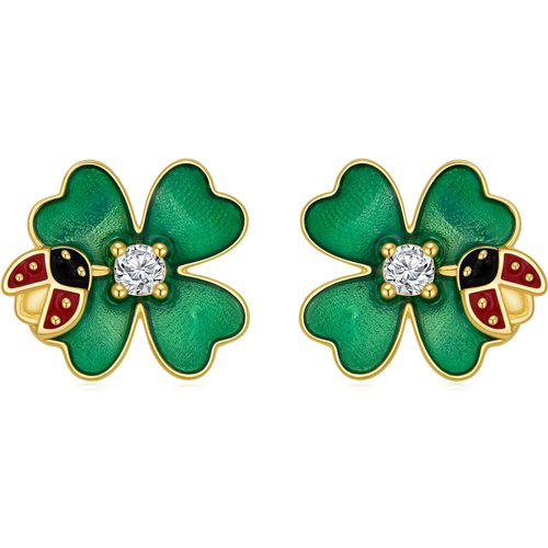 14K Gold Circular Shaped Cubic Zirconia Ladybug & Four Leaf Clover Stud Earrings