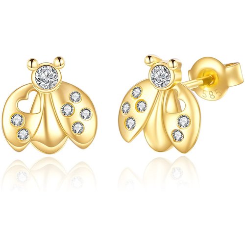 14K Gold Circular Shaped Cubic Zirconia Ladybug Stud Earrings