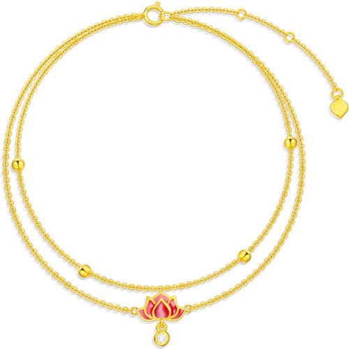 14K Gold Circular Shaped Cubic Zirconia Lotus Multi-layered Anklet