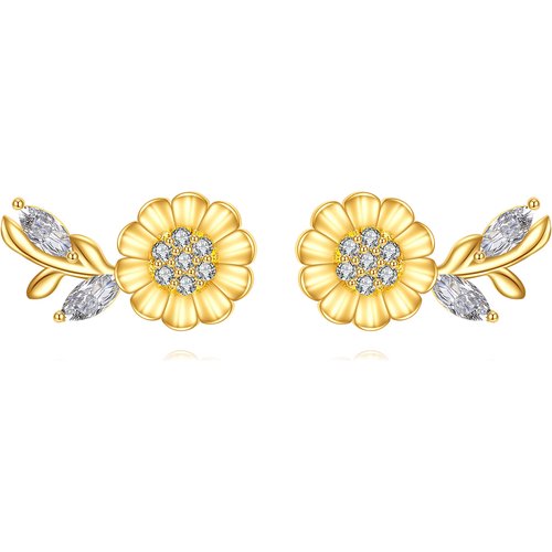 14K Gold Cubic Zirconia Marquise Sunflower Stud Earrings For Women