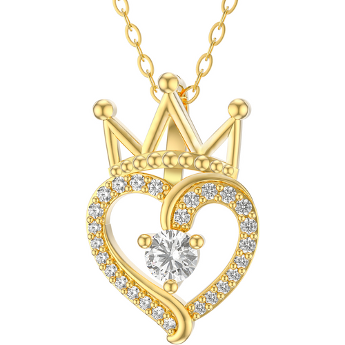 14K Gold Circular Shaped Moissanite Crown & Heart Pendant Necklace