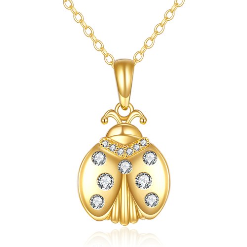 14K Gold Circular Shaped Moissanite Ladybug Pendant Necklace