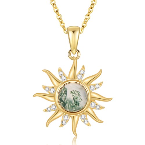 14K Gold Circular Shaped Moissanite & Moss Agate Sun Pendant Necklace
